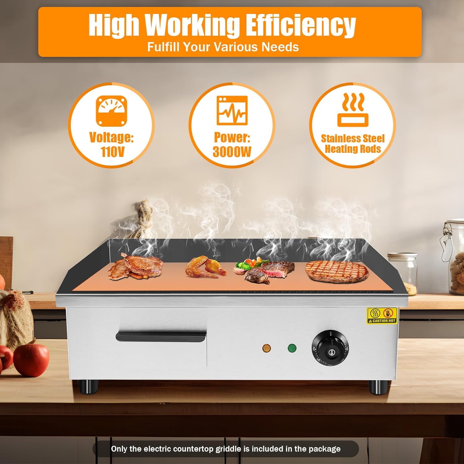 3000W Electric Countertop Griddle, Controllable Temperature Electric Flat Top Grill, Commercial Griddle, Stainless Steel Countertop Electric Griddle for Processing Pancakes, Steaks