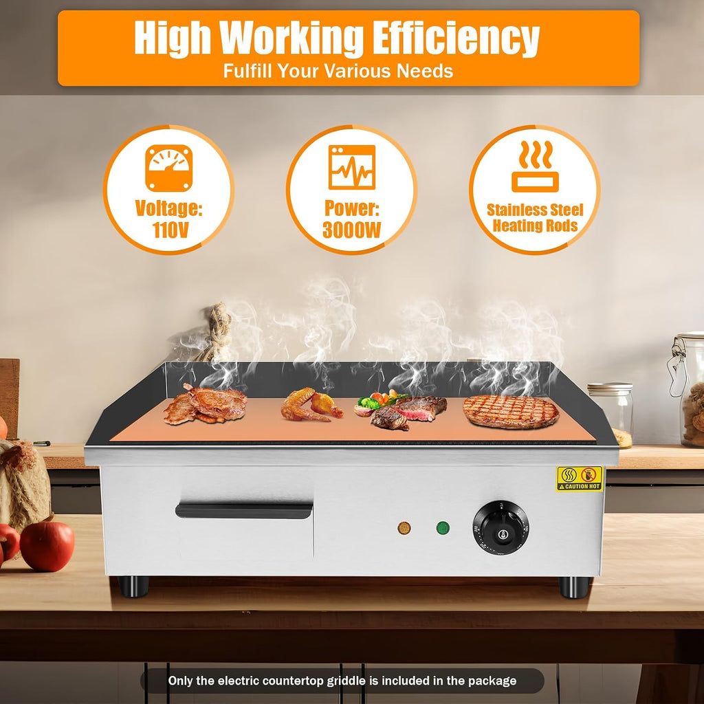 110V 3000W 22' Commercial Electric Countertop Griddle, Stainless Steel BBQ Flat Top Grill Hot Plate with Adjustable tatic Control 50°F-300°F, Restaurant Grill for Kitchen