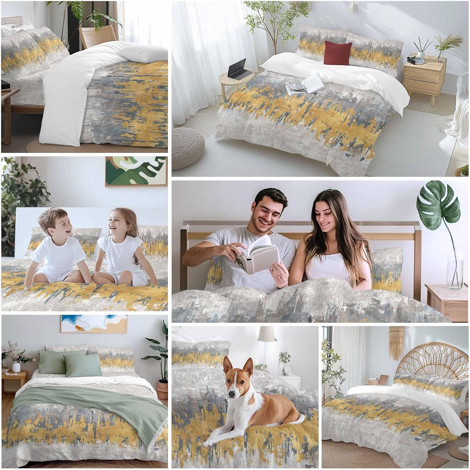 Abstract Duvet Cover Set Queen Size 4 Pieces Yellow Grey Graffiti Silhouette Art Modern Painting Bedding Set with Zipper Closure, 1 Comforter Cover 90x92 Inches 1 Flat Sheet & 2 Pillow Cases