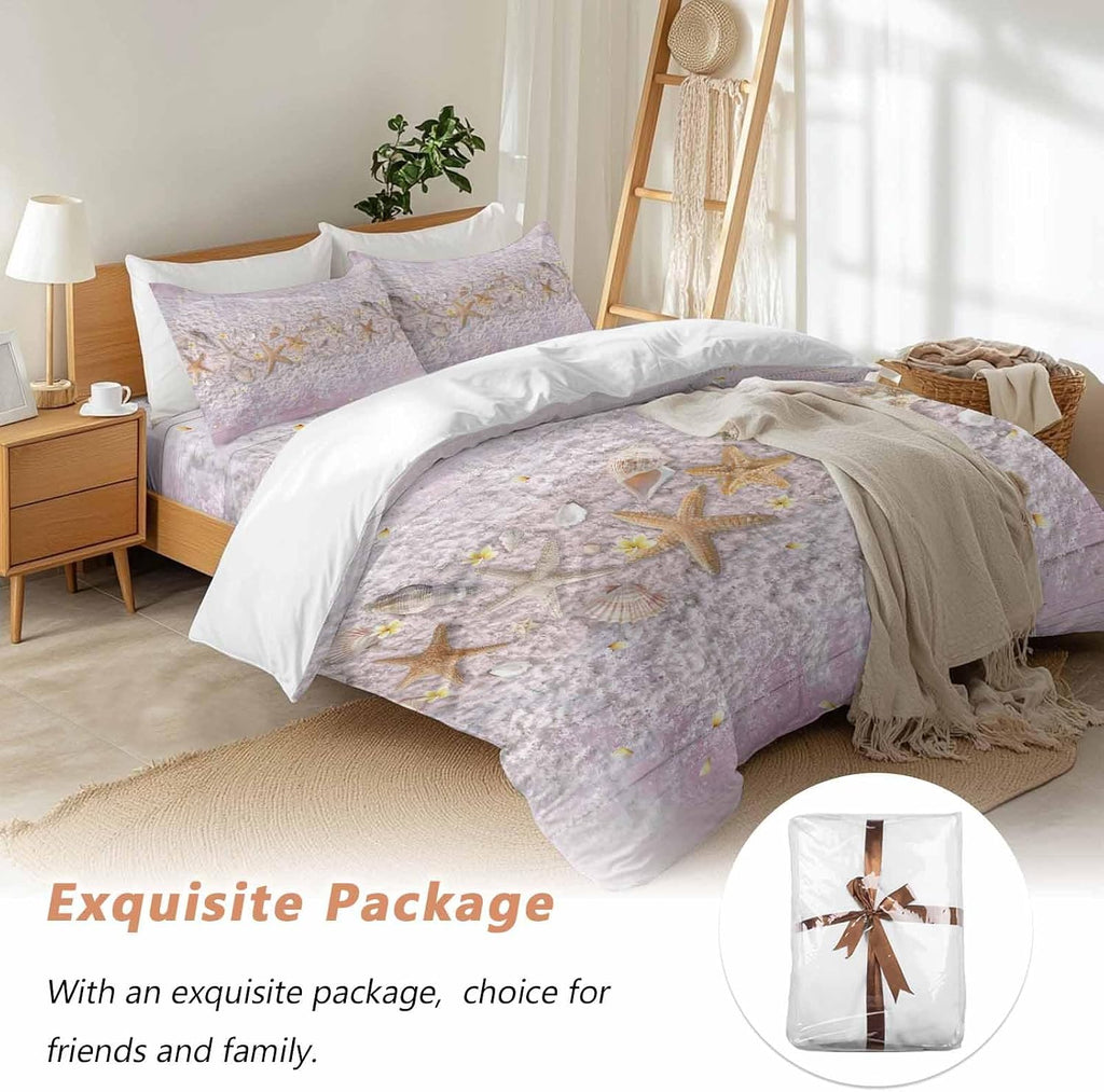 Summer Marine Life Duvet Cover Set Queen Size 4 Pieces Ocean Starfish Conch Shell Beach Pink Wood Grain Bedding Set with Zipper Closure, 1 Comforter Cover 92x106 Inches 1 Flat Sheet & 2 Pillow Cases