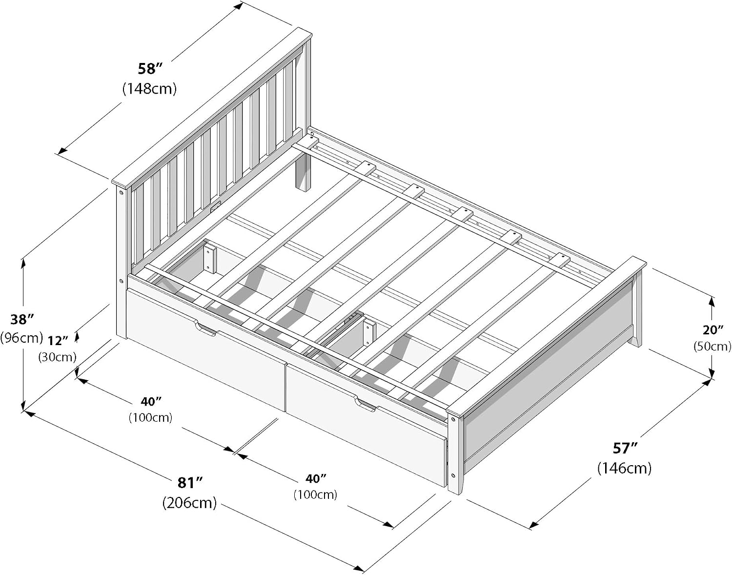 Max & Lily Classic Full Bed, Slatted Headboard, with Storage Drawers, Walnut