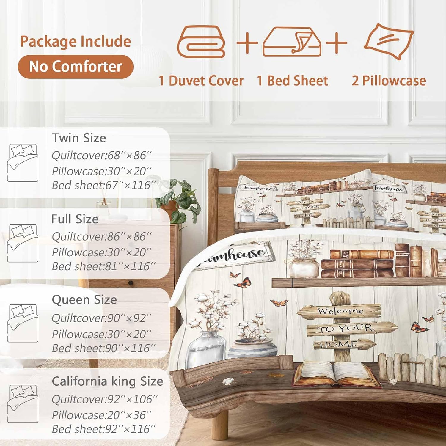Prime Leader Vintage Duvet Cover Set Queen Size 4 Pieces Welcome to Your Home Farmhouse Cotton Bottle Bedding Set with Zipper Closure, 1 Comforter Cover 92x106 Inches 1 Flat Sheet & 2 Pillow Cases