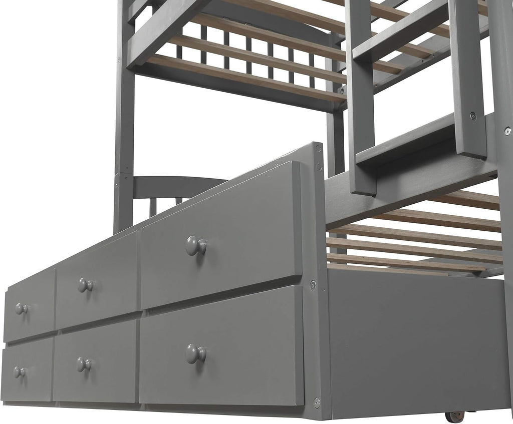 Harper&Bright Designs Twin Over Twin Bunk Bed with Twin Trundle Bed, 3 Storage Drawers, Safety Rail, and Ladder for Bedroom, Guest Room Furniture, Grey