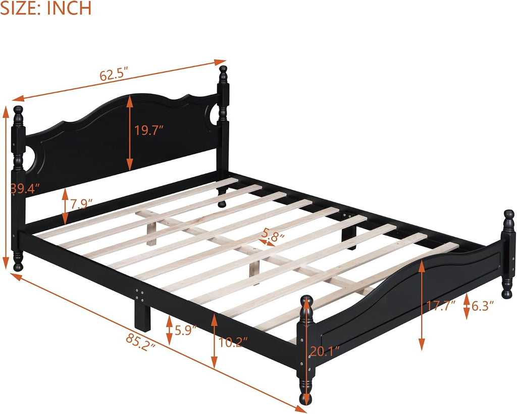 Flieks Queen Size Wood Platform Bed Frame for Boys Girls Kids Toddler,Retro Style Platform Bed with Wooden Slat Support,Black