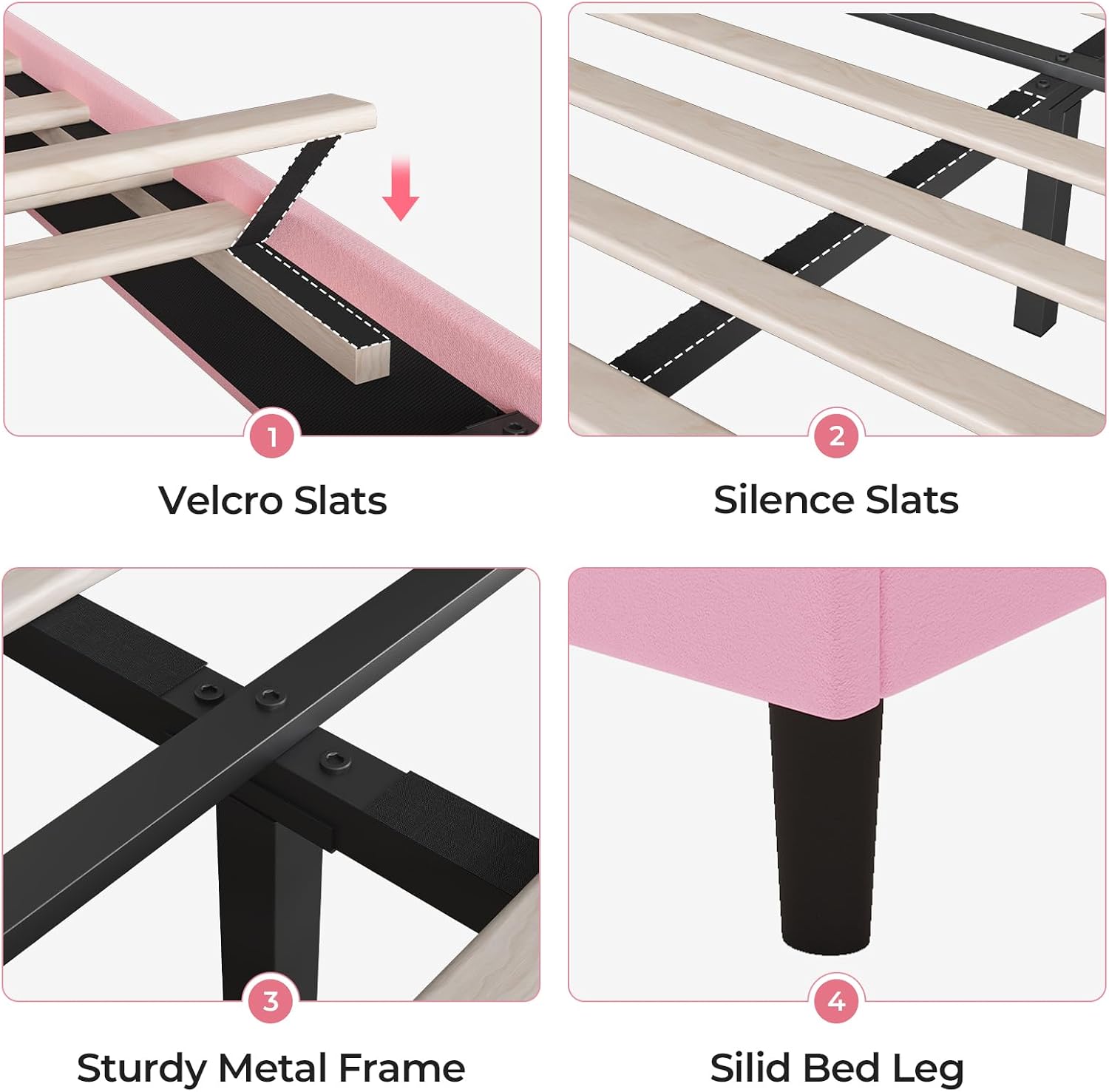 ADORNEVE Full Bed Frame with LED Lights, Princess Bed with Adjustable Chic Double Shell Headboard, Full Girl Bed Velvet Upholstered Platform Bed with Princess Crown, Solid Wood Slats Support, Pink