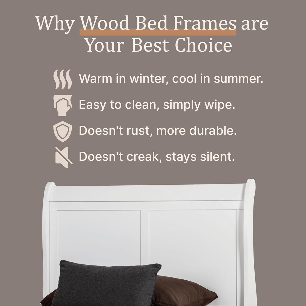 BOWERY HILL Transitional Solid Wood Twin Panel Bed, White Finish, 83.5' L x 41.38' W x 47.25' H, Sleigh Design, Curved Headboard and Footboard, Durable Kids Bedroom Furniture, Box Spring Required