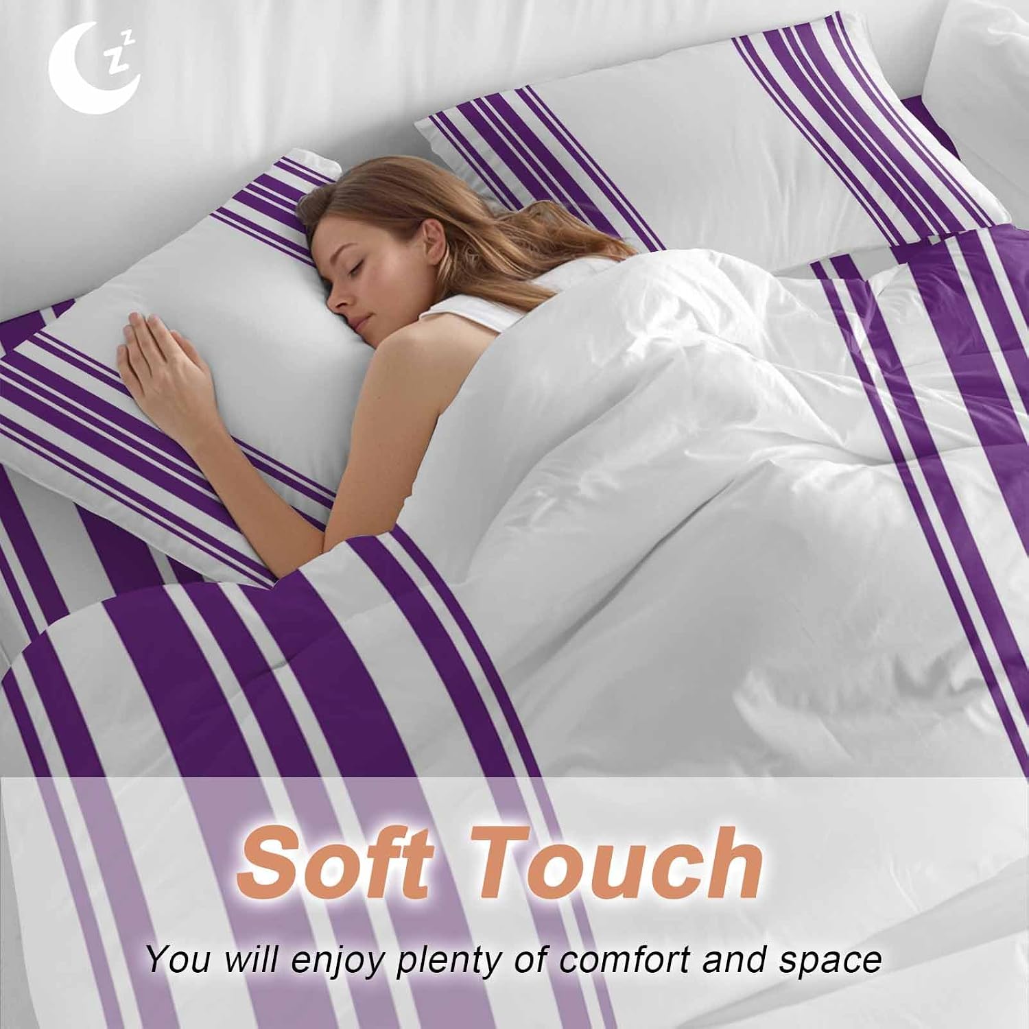 Dark Purple and White Striped Duvet Cover Set Queen Size 4 Pieces Modern Minimalist Vertical Lines Bedding Set with Zipper Closure, 1 Comforter Cover 92x106 Inches 1 Flat Sheet & 2 Pillow Cases