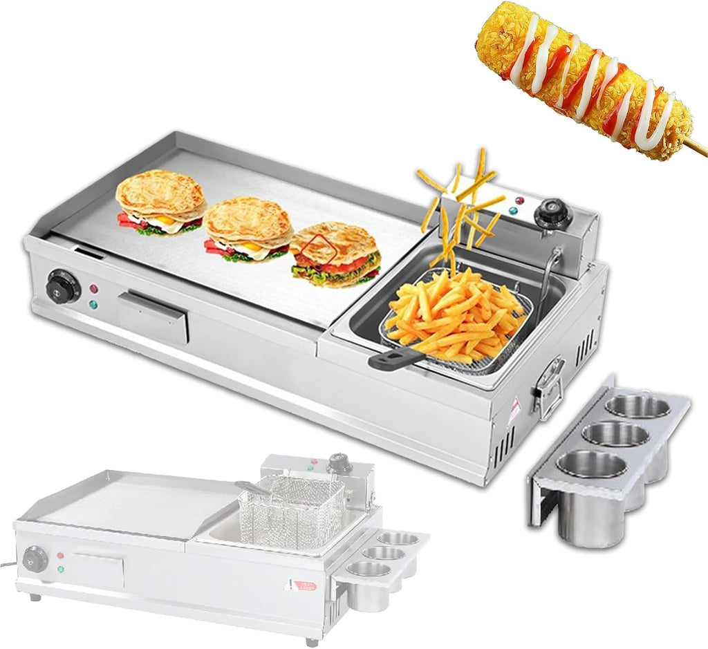 Commercial Electric Griddle with Fryer, Countertop Flat Top Grill Frying Pan with Seasoning Rack, Breakfast Griddle Deep Fryer (L)