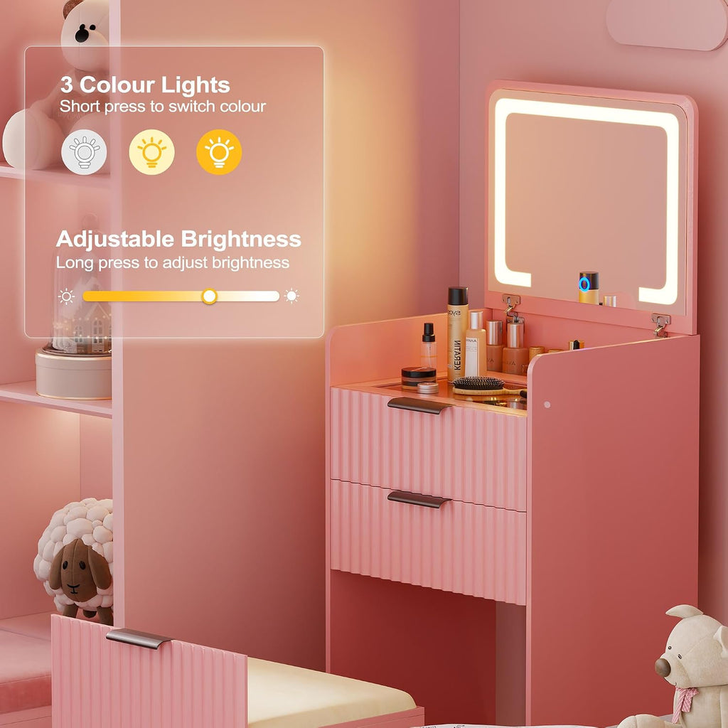 Lvifur 3 in 1 Small Vanity Desk with Plip Top Mirror,Makeup Vanity Set with Visible Glass Desktop,Compact Vanity with 3 Drawers,Storage Compartment and Padded Stool,Dressing Table for Bedroom,Pink
