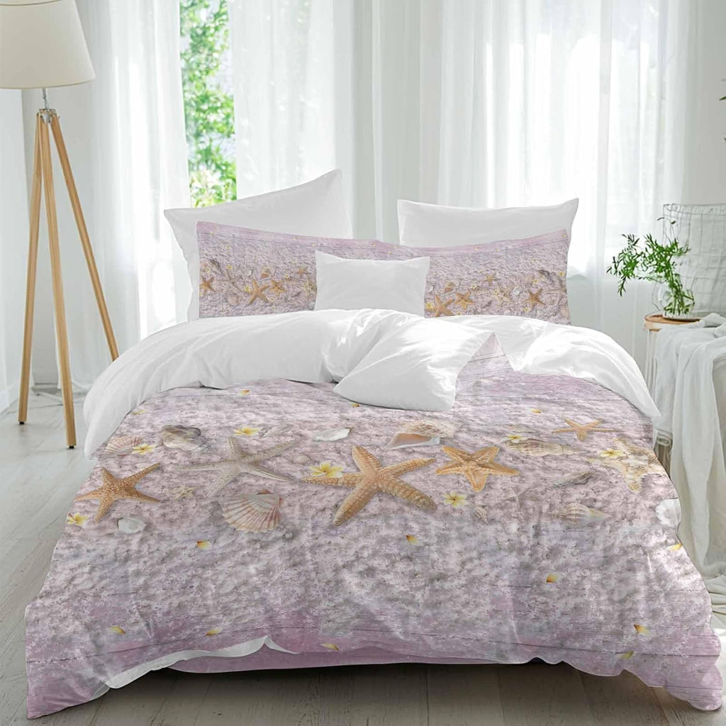 Summer Marine Life Duvet Cover Set Queen Size 4 Pieces Ocean Starfish Conch Shell Beach Pink Wood Grain Bedding Set with Zipper Closure, 1 Comforter Cover 92x106 Inches 1 Flat Sheet & 2 Pillow Cases