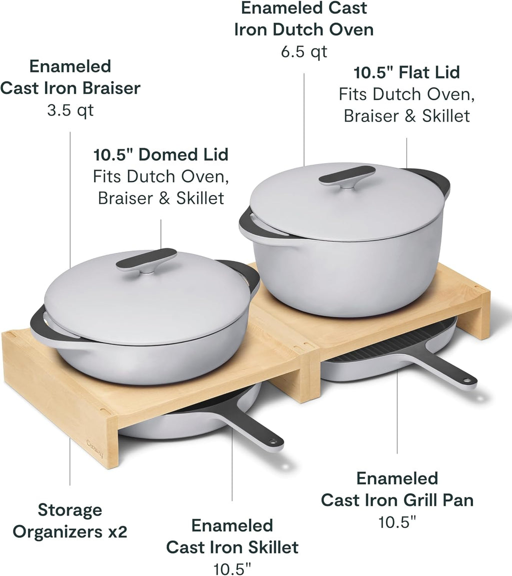 Caraway 8-Piece Enameled Cast Iron Set - 10.5' Skillet, Grill Pan, 3.5 qt Braiser Pan, 6.5 qt Dutch Oven with Lid and Organizers - Non-Toxic 3-Layer Enamel Coating - No Seasoning Required - Gray