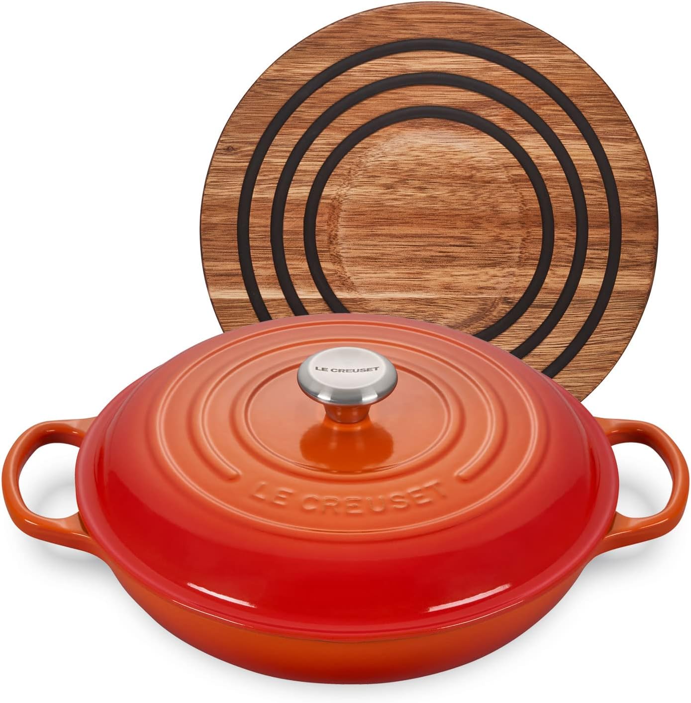 Le Creuset 3 1/2 qt. Signature Cast Iron Braiser Bundle with Magnetic Wooden Trivet - Flame