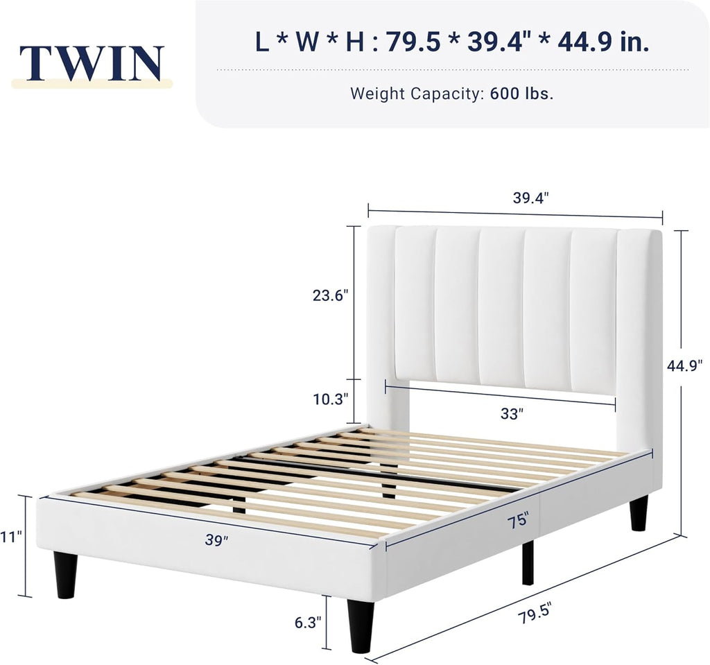 Allewie Twin Bed Frame/Velvet Upholstered Bed Frame with Vertical Channel Tufted Headboard/Strong Wooden Slats/Platform Bed Frame/Mattress Foundation/Box Spring Optional/Easy Assembly/White