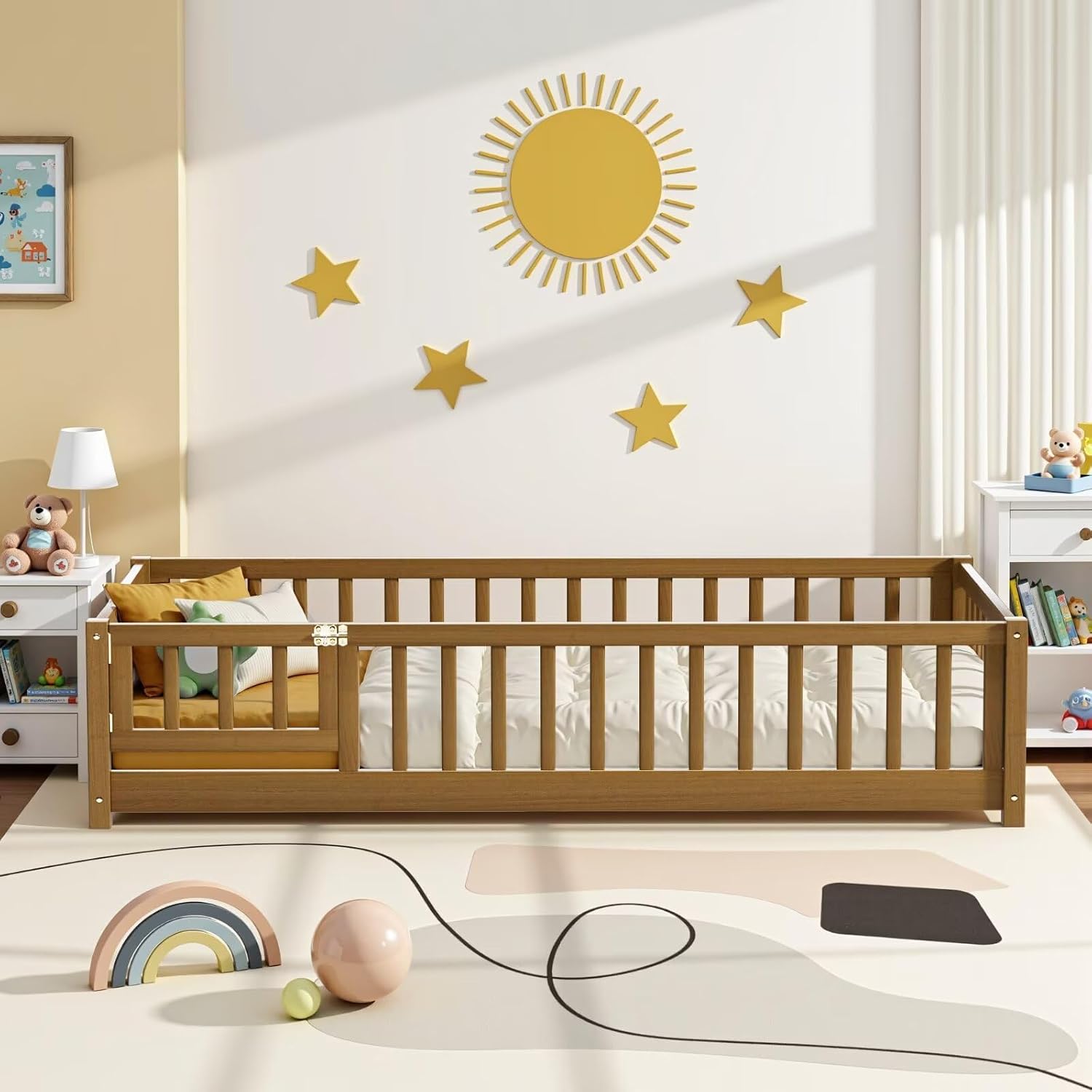i-POOK Full Floor Bed Frame with Wood Slats, High Fence & Small Door, Pinewood Montessori Floor Bed for Girls and Boys,Light Espresso