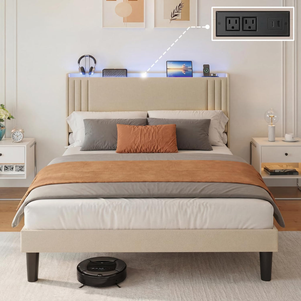 Gizoon Queen Bed Frame with Charging Station and LED Lights,Upholstered Wingback Platform Bed with Wooden Slats,Noise-Free,No Box Spring Needed