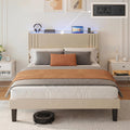 Gizoon Queen Bed Frame with Charging Station and LED Lights,Upholstered Wingback Platform Bed with Wooden Slats,Noise-Free,No Box Spring Needed