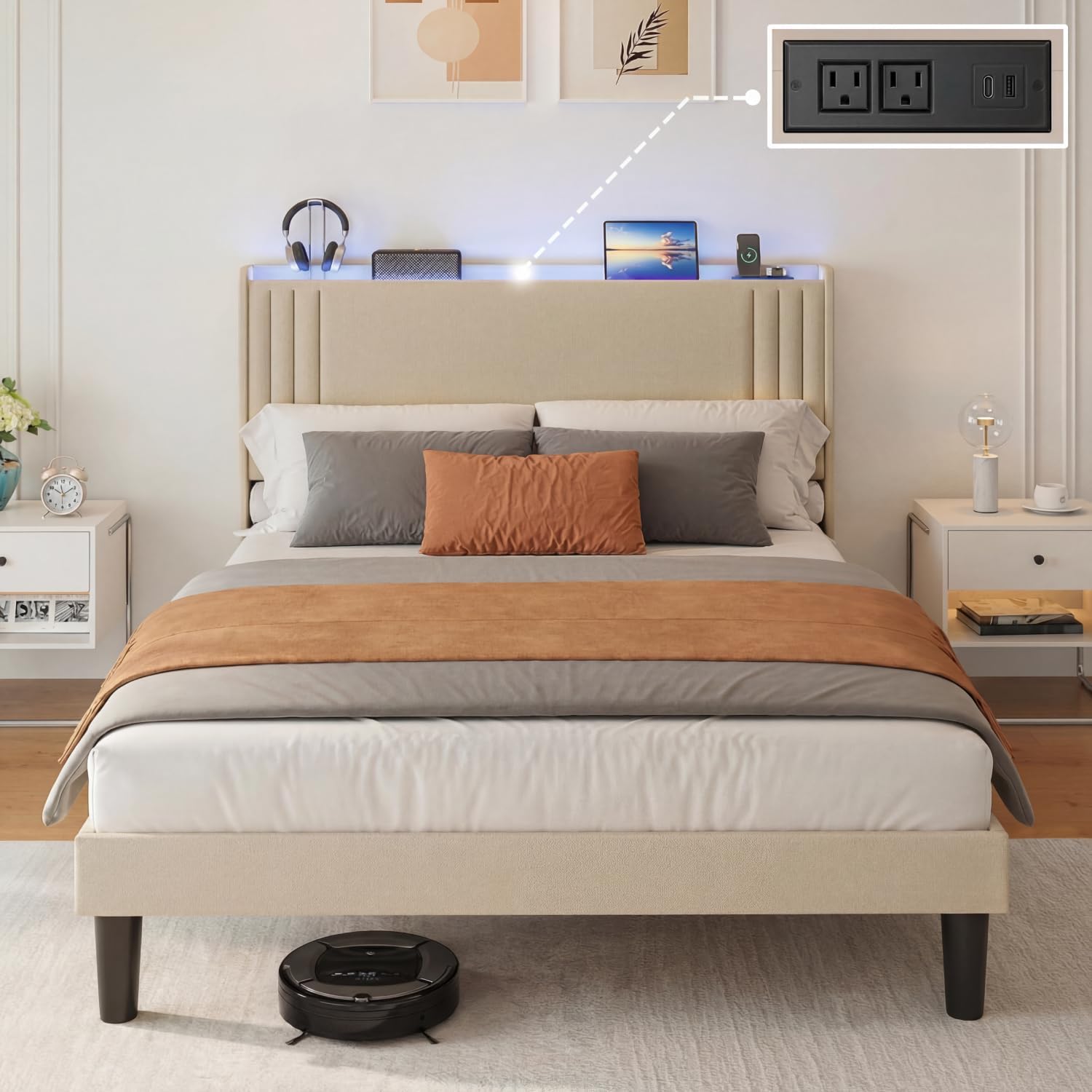 Gizoon Queen Bed Frame with Charging Station and LED Lights,Upholstered Wingback Platform Bed with Wooden Slats,Noise-Free,No Box Spring Needed