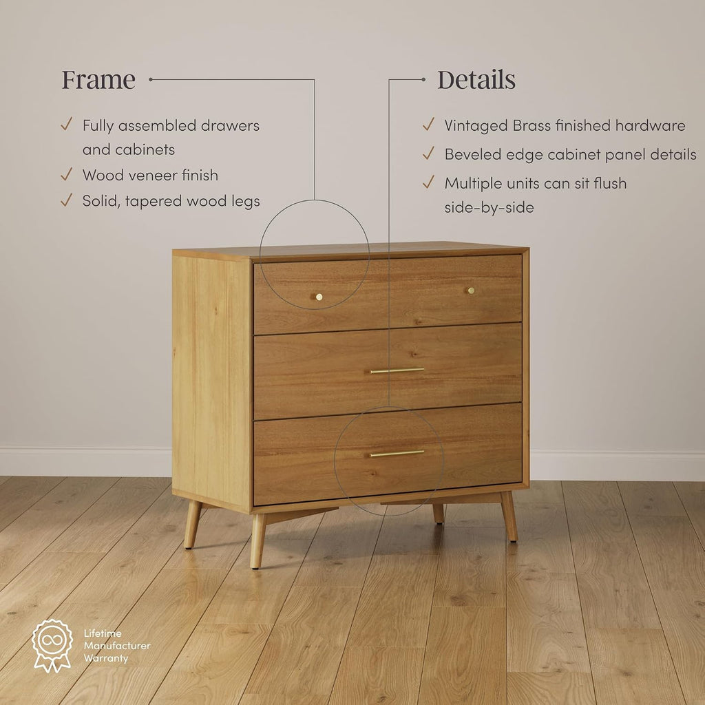 Nathan James Harper Mid Century Modern Dresser, Solid Wood Dresser for Living Room with 3 Drawers and Metal Drawer Pulls, Light Acacia