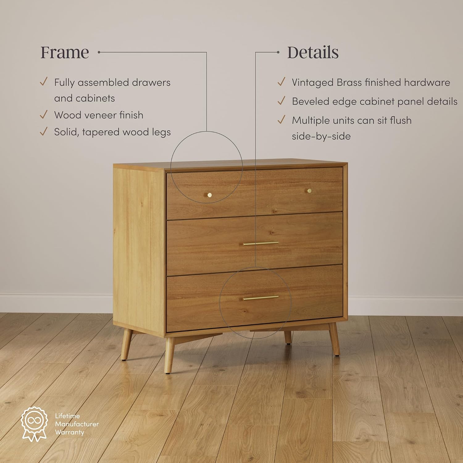 Nathan James Harper Mid Century Modern Dresser, Solid Wood Dresser for Living Room with 3 Drawers and Metal Drawer Pulls, Light Acacia