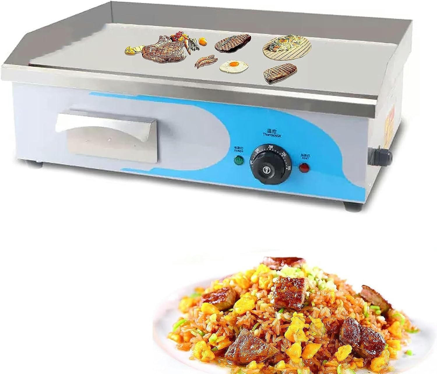Electric Griddles, Large Electric Griddle Hot Cooking Plate, 220-240V Commercial Stainless Steel Efficient Nonstick Adjustable Countertop Hot Plate BBQ Grill for Barbecue Omelette Fried Food
