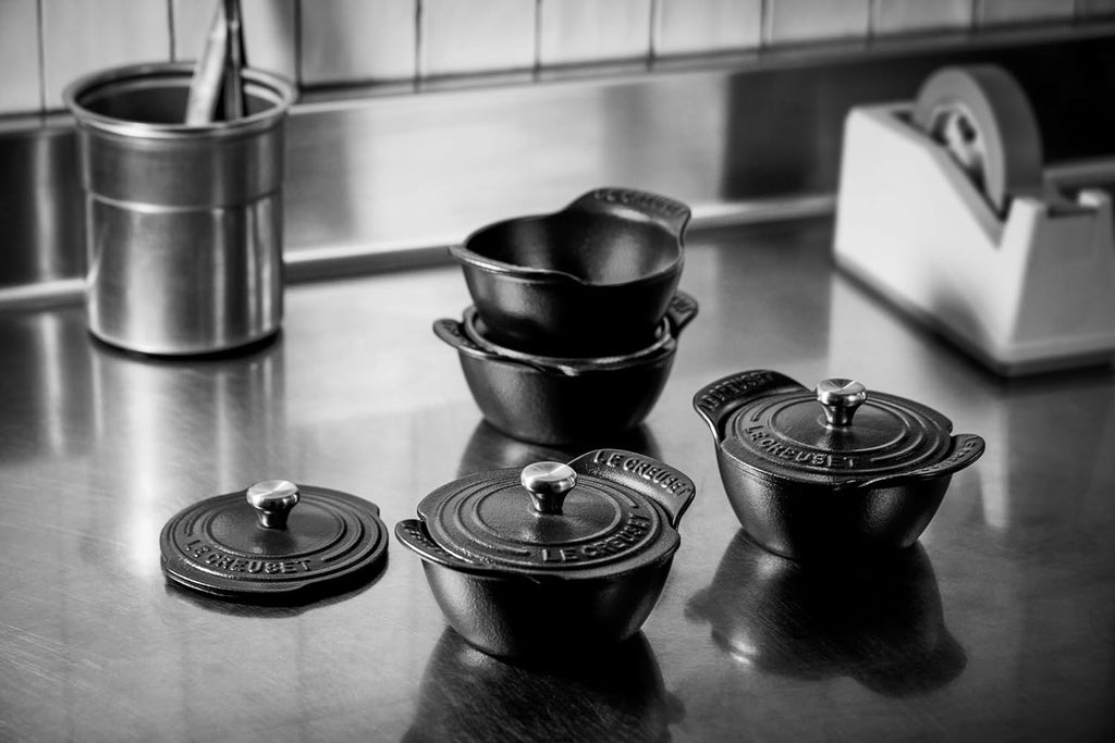 Le Creuset Enameled Cast Iron Gourmand Collection Set of 4 Mini Round Cocotte, .3 qt., Matte Black w/Stainless Steel Knob