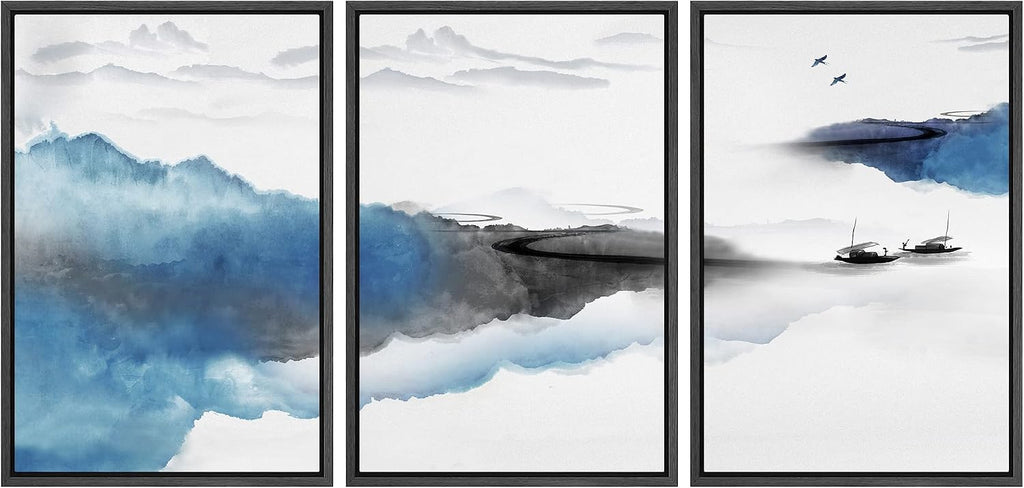 NWT Framed Canvas Print Wall Art Set Pastel Watercolor Mist Mountain Range Landscape Nature Wilderness Illustration Modern Rustic Scenic for Living Room, Bedroom, Office - 16'x24'x3 Black