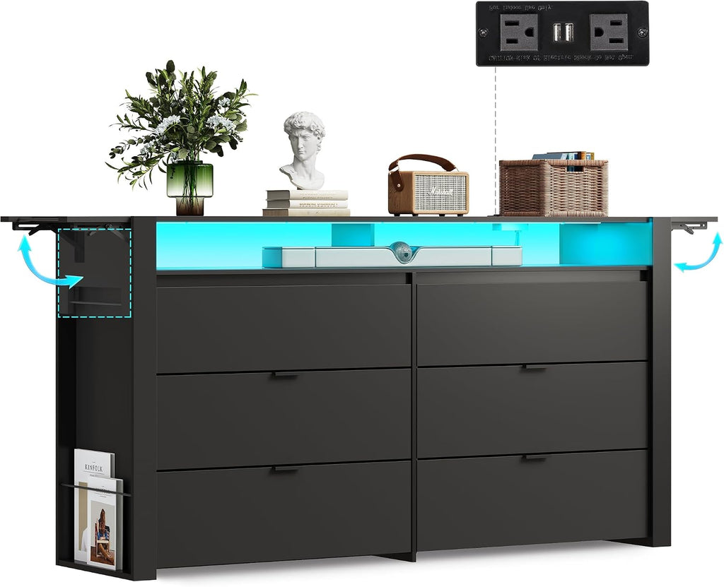 WLIVE 78 Inch LED Dresser for Bedroom, Black Dresser with Charging Station, Large Chest of Drawers Expandable with Flexible Shelves and Hanging Rack, Wood Dressers for Closet, Living Room (85' TV)