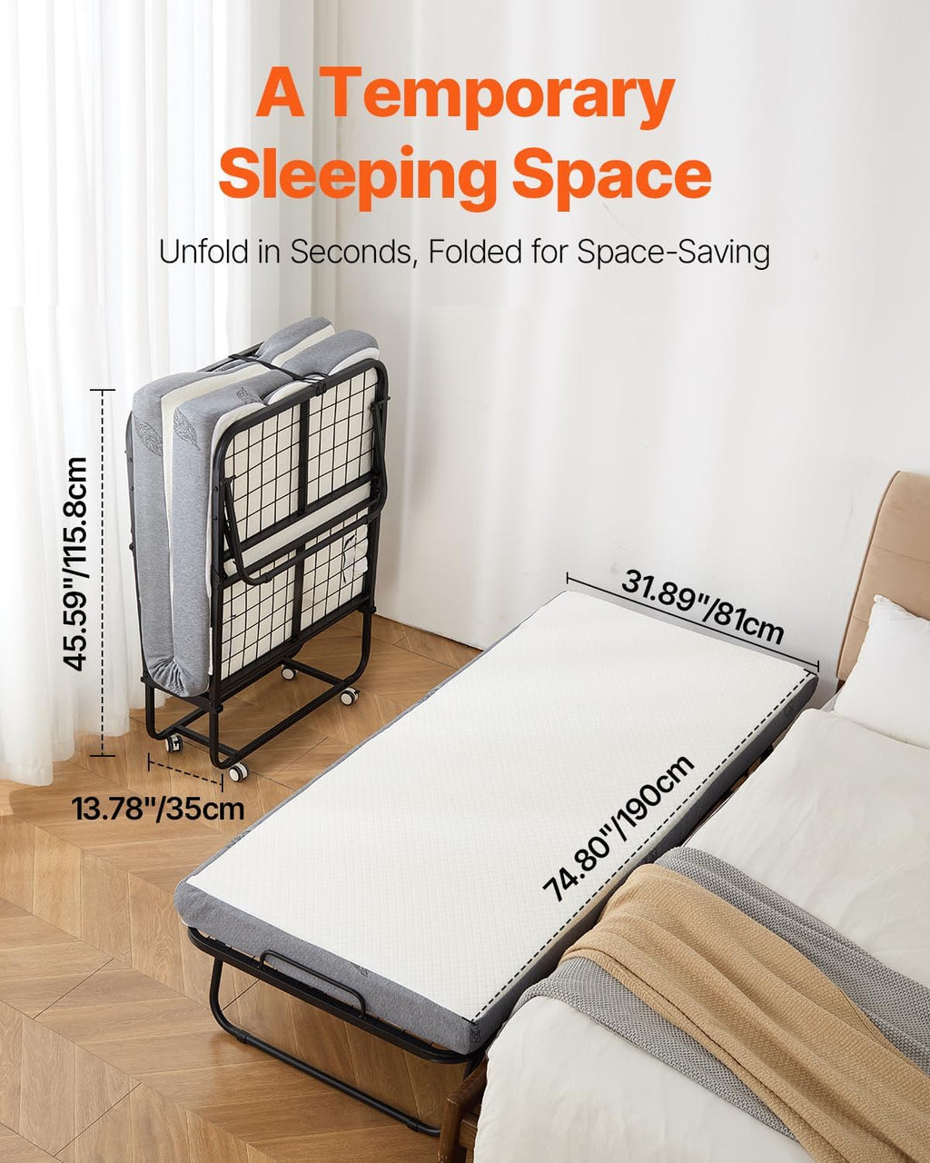 VEVOR 31 in x 75 in Folding Bed with 5 in Mattress, Twin Size, White, Metal Frame & Memory Foam Mattress, Portable Rollaway Bed, 300 lbs Weight Capacity, Adult, Guest