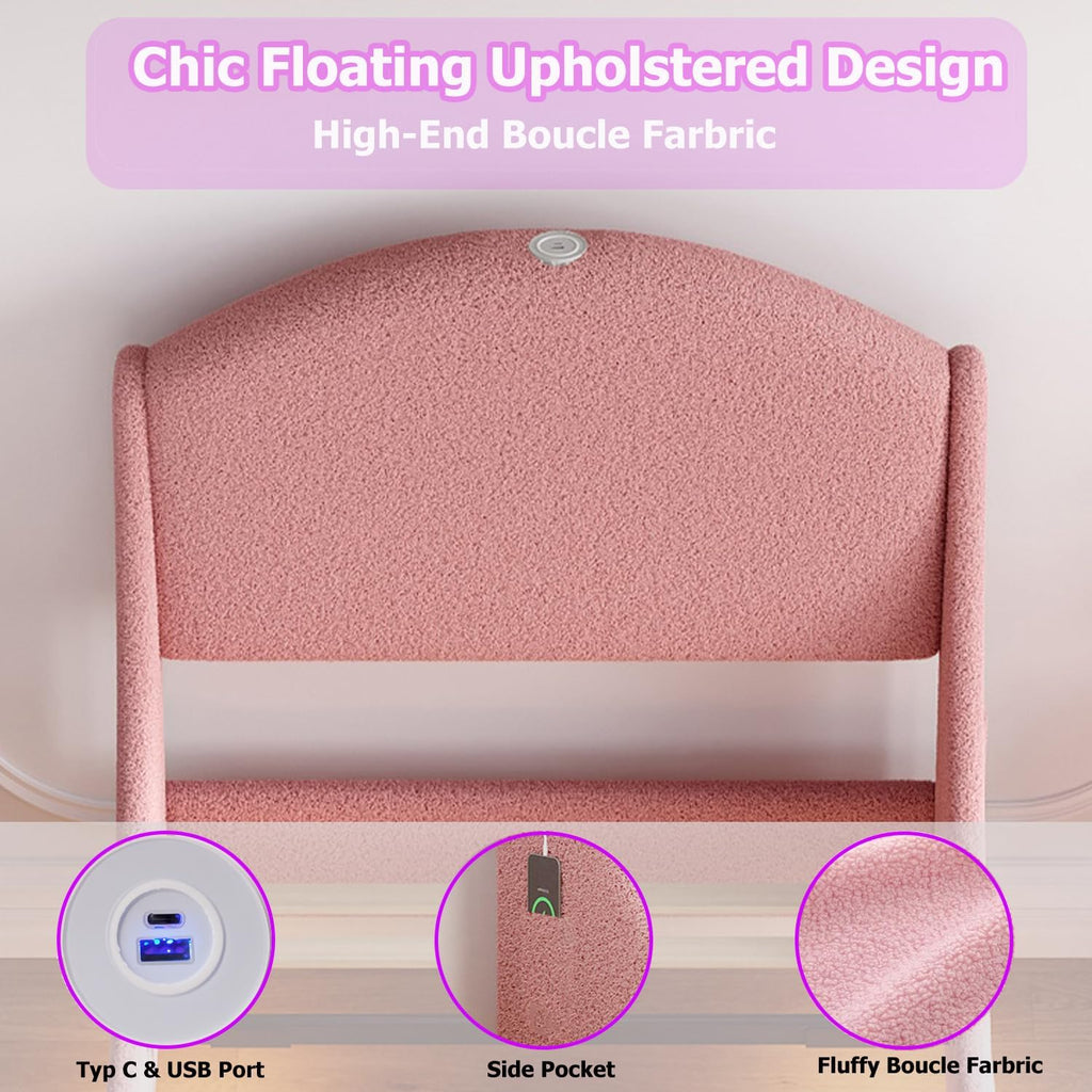 Ailisite Twin Size Floating Bed Frame with Upholstered Headboard and Charging Station, Boucle Platform Bed Frame Queen Size with RGB Led Lights, Strong Wood Slat Support, No Box Spring Needed,Pink