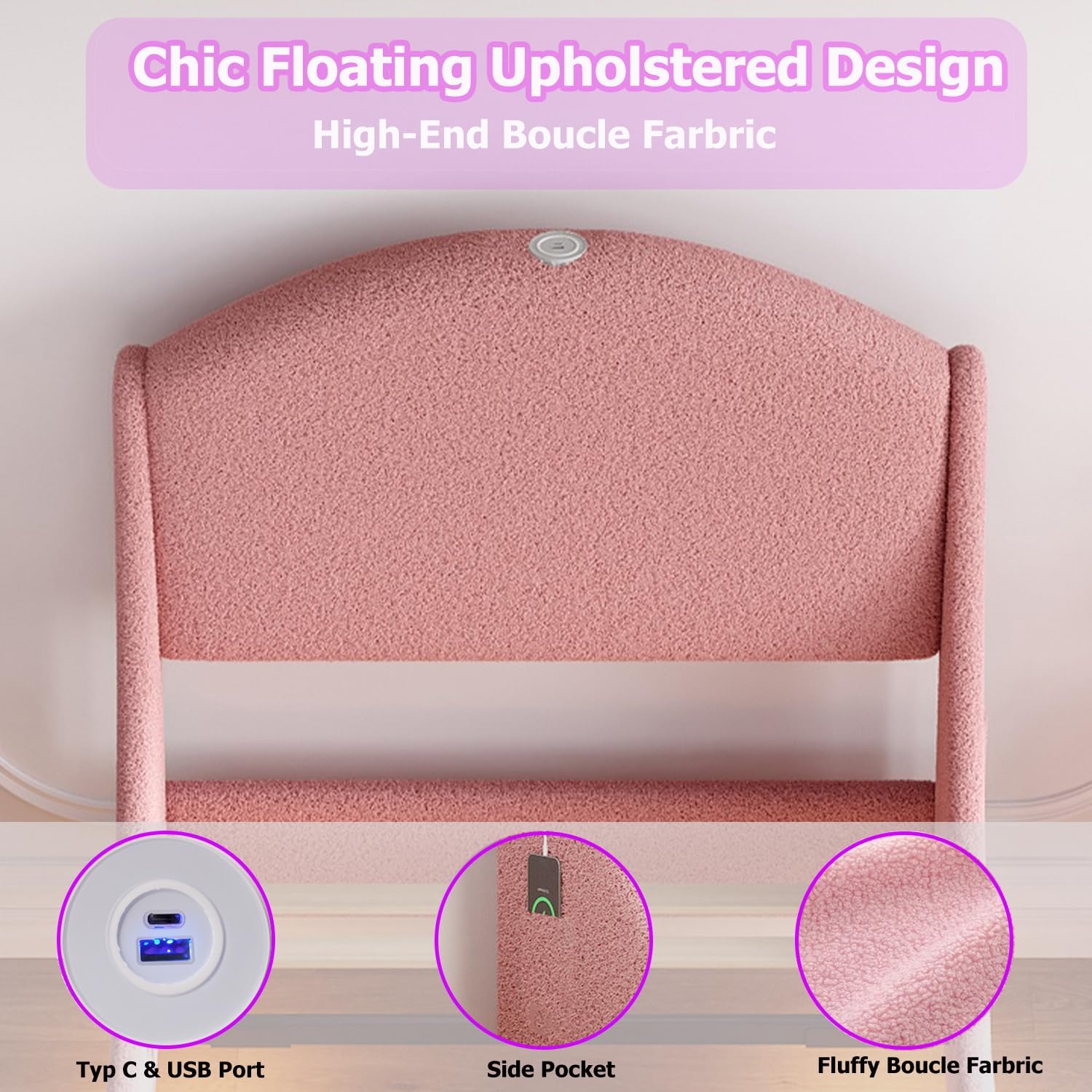Ailisite Twin Size Floating Bed Frame with Upholstered Headboard and Charging Station, Boucle Platform Bed Frame Queen Size with RGB Led Lights, Strong Wood Slat Support, No Box Spring Needed,Pink