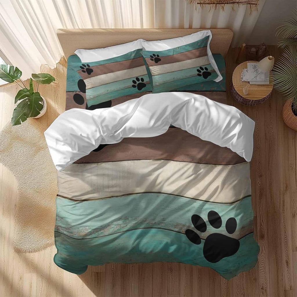 Farmhouse Duvet Cover Set Queen Size 4 Pieces Cute Animal Claws Vintage Green Brown Wood Grain Bedding Set with Zipper Closure, 1 Comforter Cover 92x106 Inches 1 Flat Sheet & 2 Pillow Cases