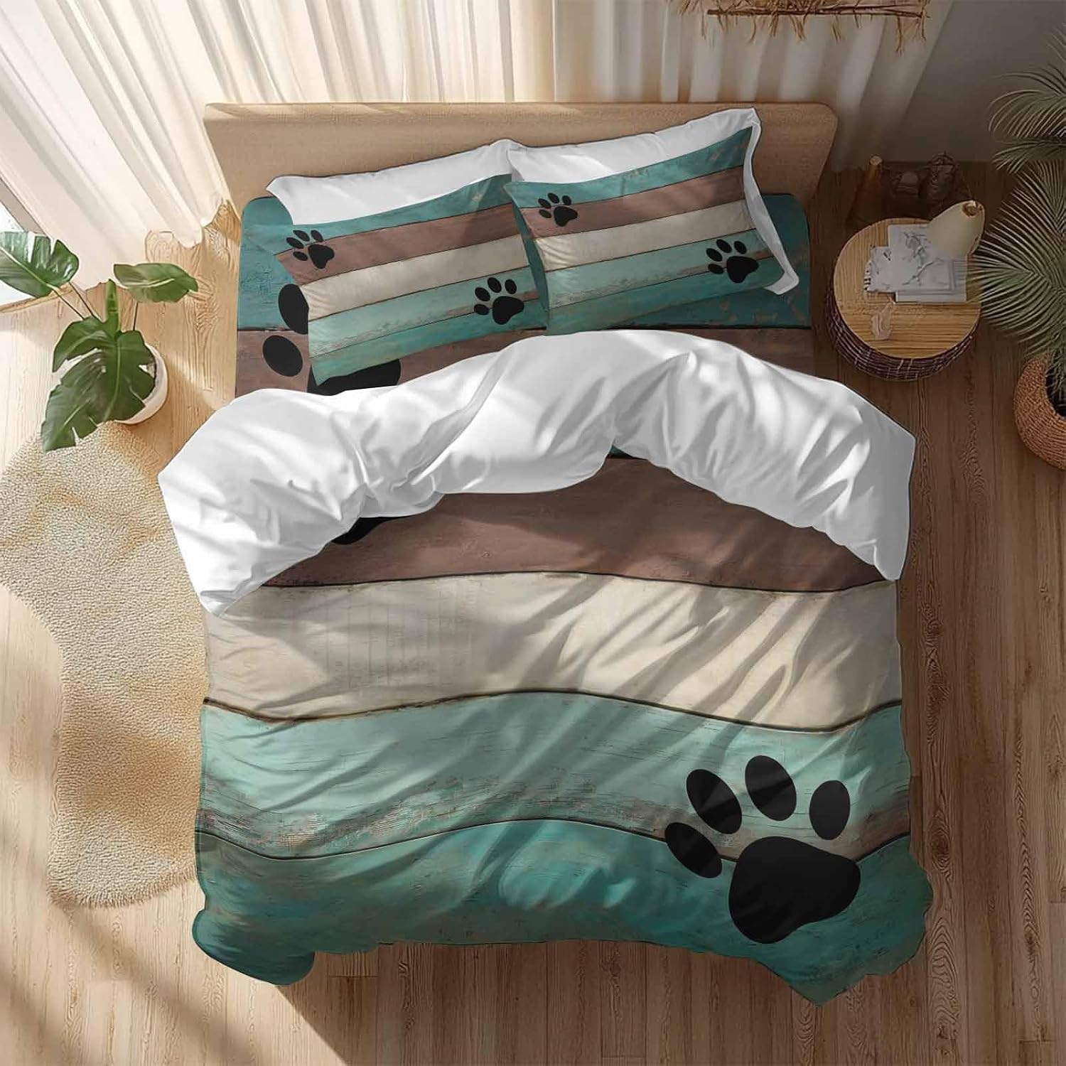 Farmhouse Duvet Cover Set Queen Size 4 Pieces Cute Animal Claws Vintage Green Brown Wood Grain Bedding Set with Zipper Closure, 1 Comforter Cover 92x106 Inches 1 Flat Sheet & 2 Pillow Cases