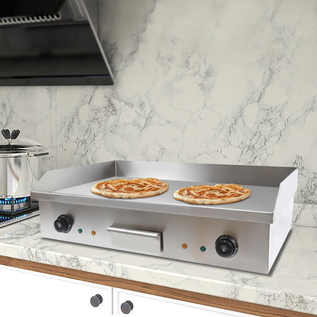 110V 3000W Electric Griddle Cooktop Temperature Adjustable 50-300℃, Thermostatic Double Control Commercial Flat Top Grill, BBQ Plate Grill for Home Kitchen Restaurant L28.62in xW15.75in xH8.85in