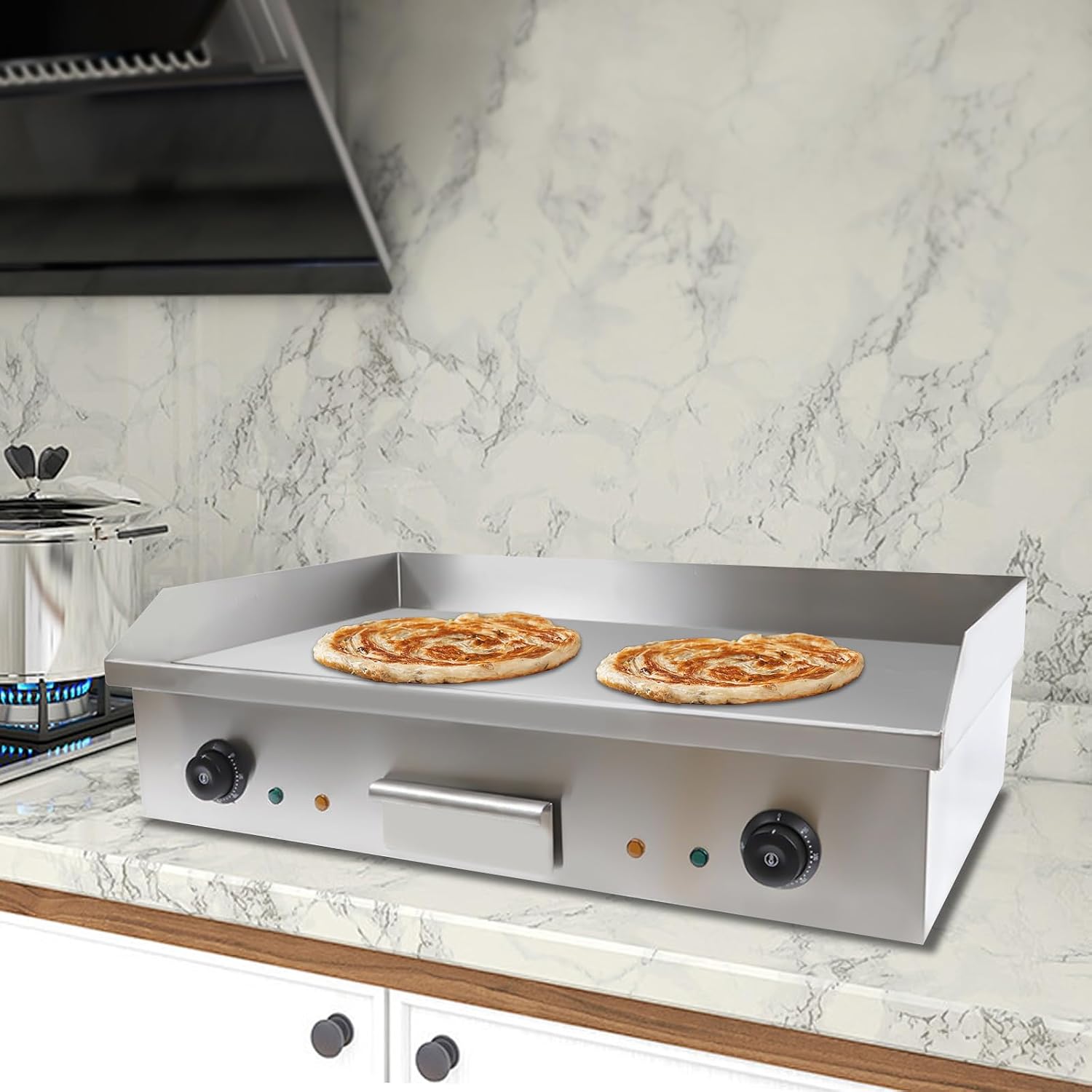 110V 3000W Electric Griddle Cooktop Temperature Adjustable 50-300℃, Thermostatic Double Control Commercial Flat Top Grill, BBQ Plate Grill for Home Kitchen Restaurant L28.62in xW15.75in xH8.85in
