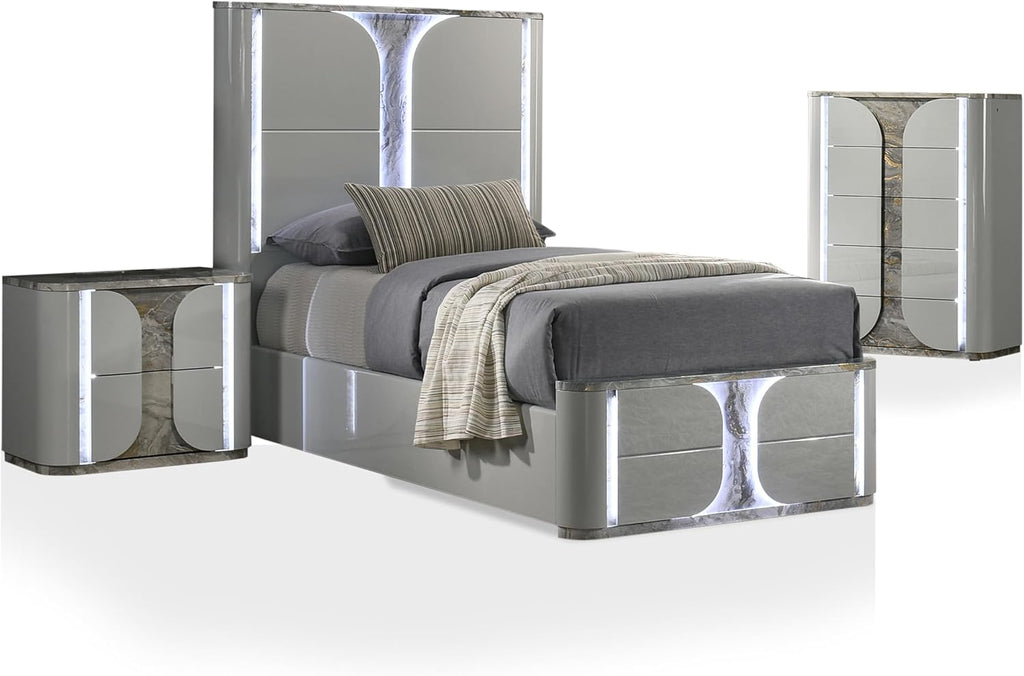 Furniture of America Bruna Modern Wood 3-Piece Bedroom Set with Touch-Control LED Bed, Felt-Lined Top Drawer and LED on Nightstand and Chest, No Box Spring Needed for Bedroom, Twin, Light Gray