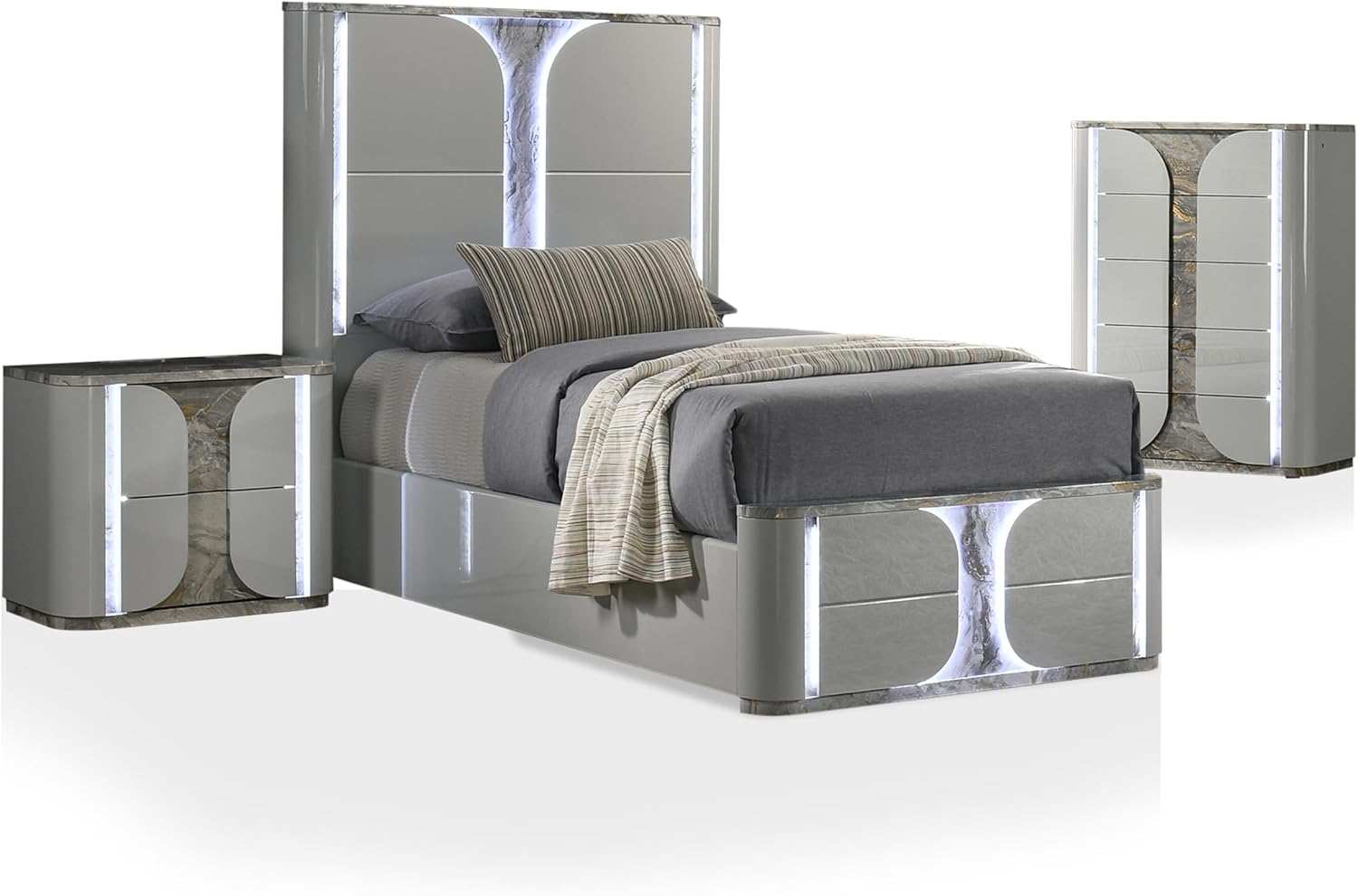 Furniture of America Bruna Modern Wood 3-Piece Bedroom Set with Touch-Control LED Bed, Felt-Lined Top Drawer and LED on Nightstand and Chest, No Box Spring Needed for Bedroom, Twin, Light Gray