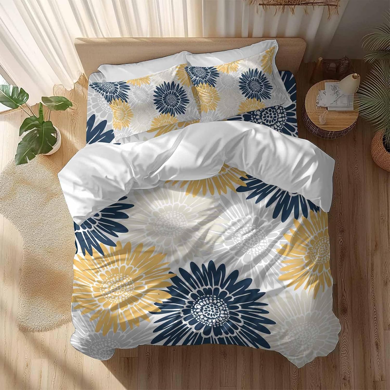 Navy Blue Gray Yellow Sunflowers Duvet Cover Set Queen Size 4 Pieces Abstract Blooming Floral Bedding Set with Zipper Closure, 1 Comforter Cover 92x106 Inches 1 Flat Sheet & 2 Pillow Cases