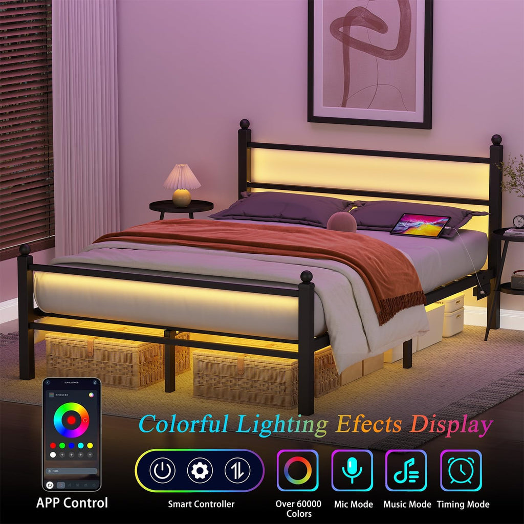 Full Size Bed Frame with Headboard and Footboard,Black Metal Platform Bed Frames with LED Lights and USB Charging Station,Heavy Duty Metal Slats,No Box Spring Needed,Sturdy&Noise Free
