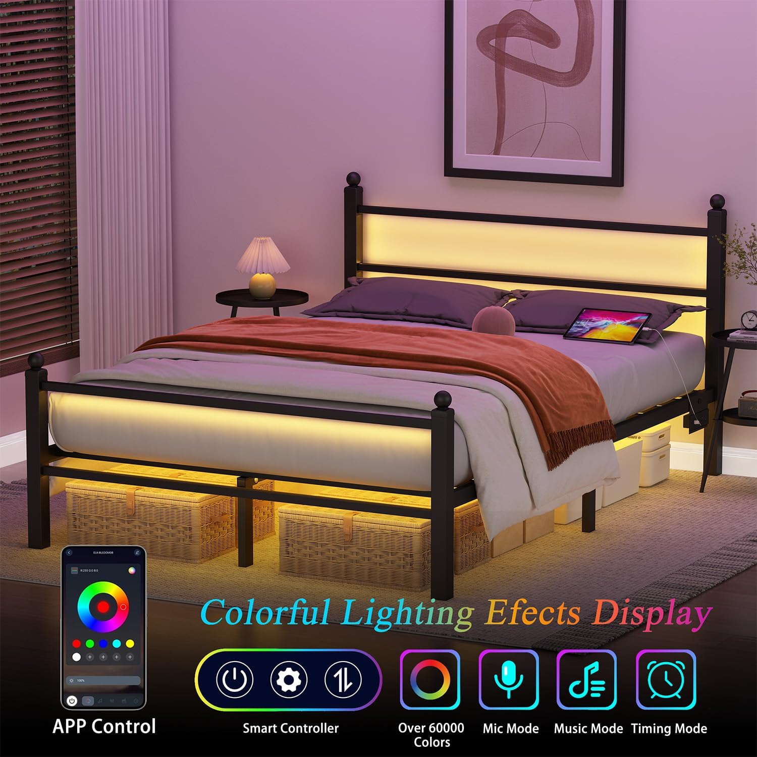 Full Size Bed Frame with Headboard and Footboard,Black Metal Platform Bed Frames with LED Lights and USB Charging Station,Heavy Duty Metal Slats,No Box Spring Needed,Sturdy&Noise Free