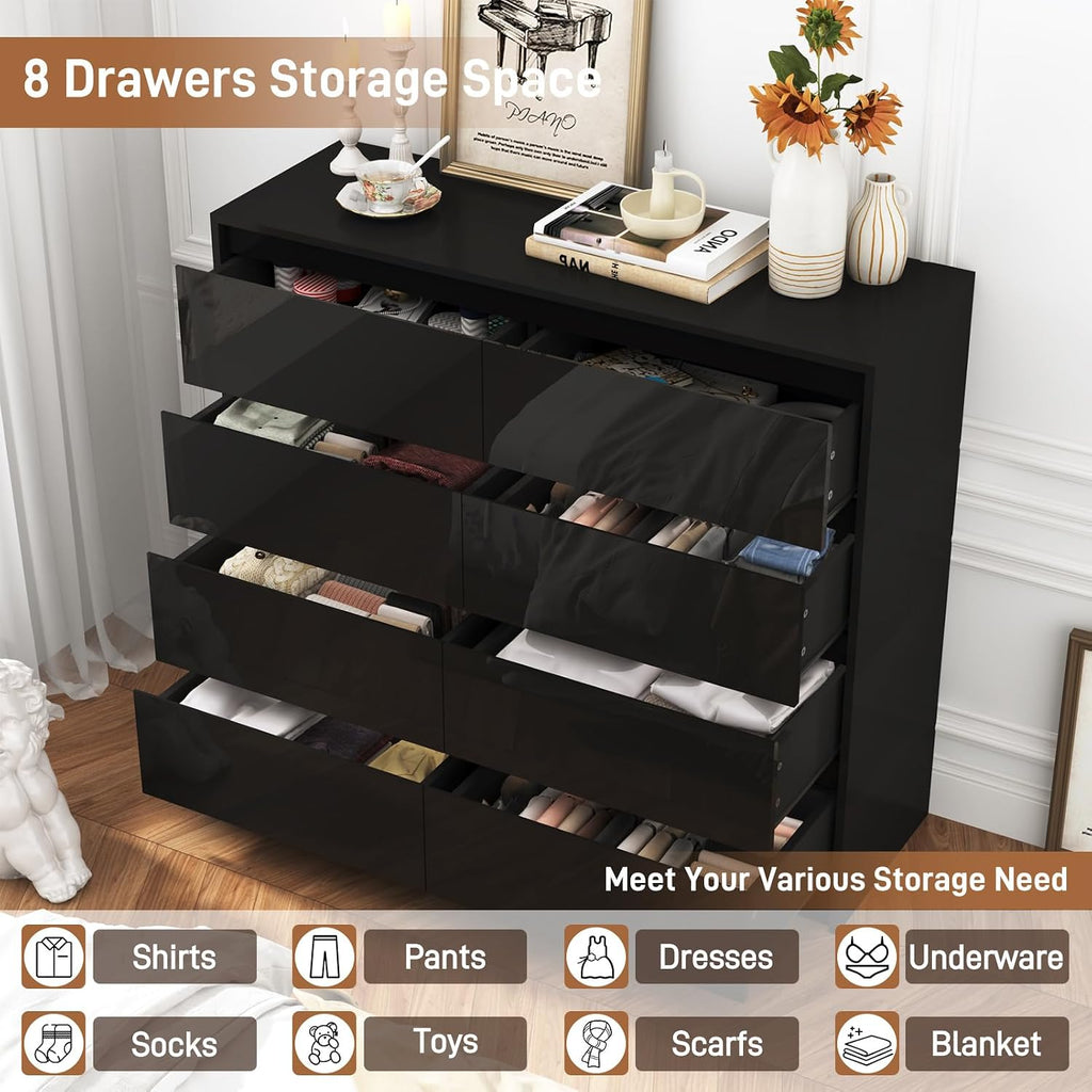 jiteentarou Black Malm High Gloss Dresser for Bedroom, 47' Wide 41' Tall Dresser with 8 Drawers, Modern Large Wood Chest of Drawer Handle Free, Living Room, Entryway, Hallway, Black