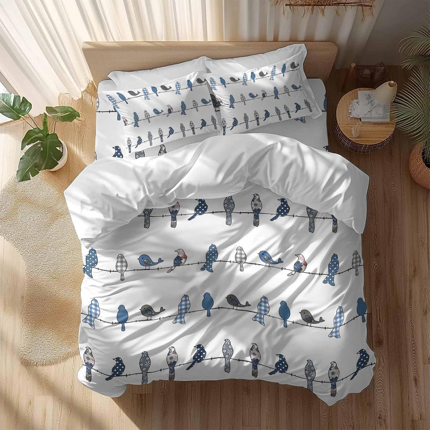 Prime Leader Birds on the Wire Blue Grey Duvet Cover Set Queen Size 4 Pieces Bedding Set with Zipper Closure, 1 Comforter Cover 86x86 Inches 1 Flat Sheet & 2 Pillow Cases