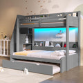 Twin Over Full Bunk Bed with Storage Staircase and Trundle,Storage Shelves, LED and USB,for Kids Teens Adults Bedroom Use (Grey-USB, Twin Over Full)