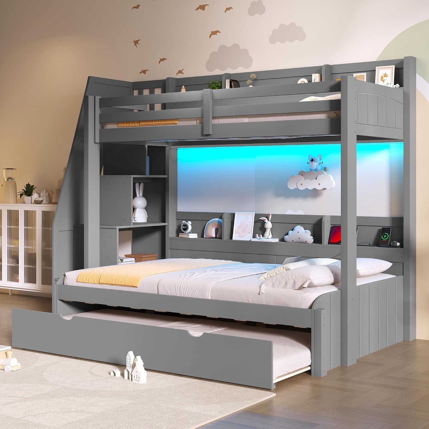 Twin Over Full Bunk Bed with Storage Staircase and Trundle,Storage Shelves, LED and USB,for Kids Teens Adults Bedroom Use (Grey-USB, Twin Over Full)