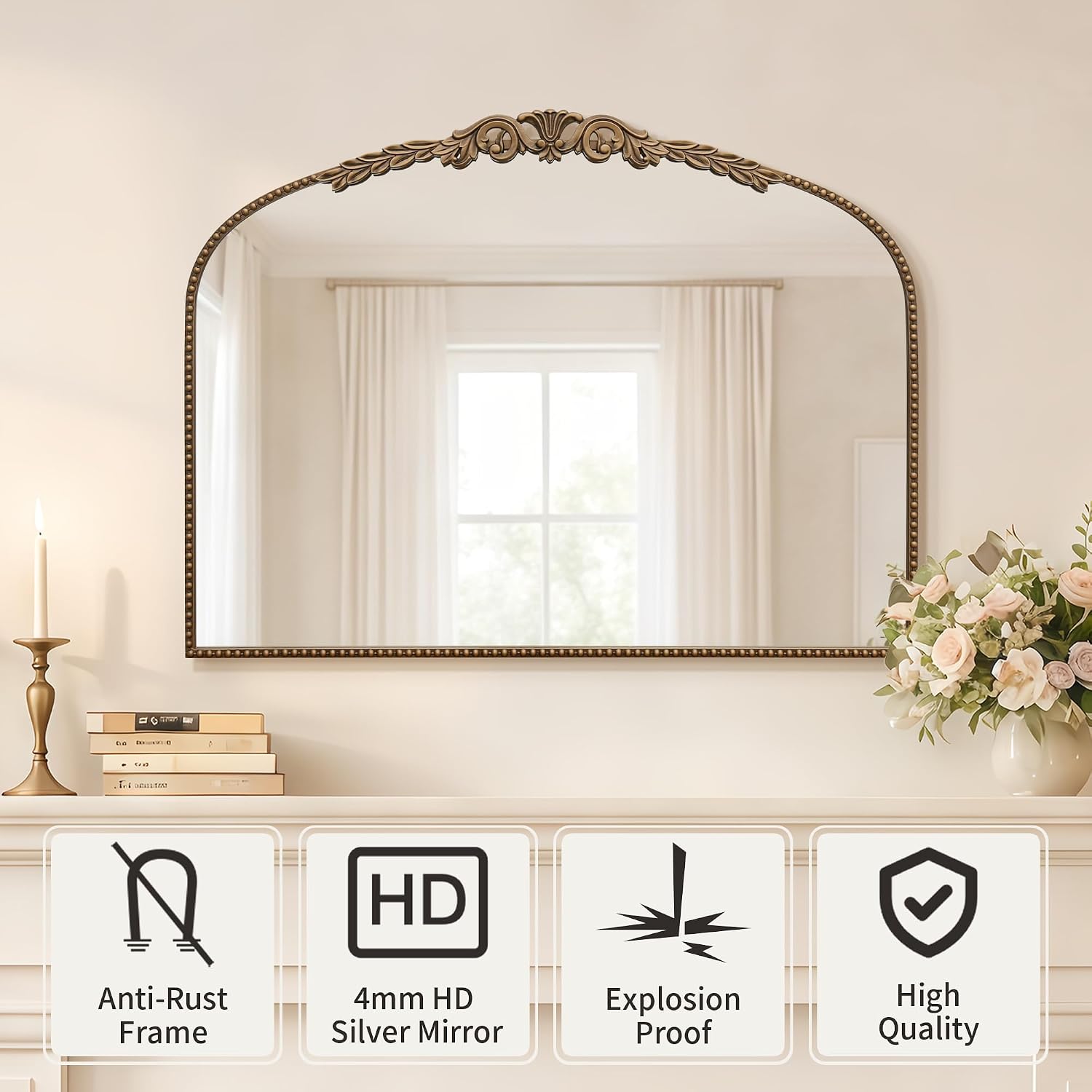 Besdomus Gold Vintage Vanity Mirror: 32'x 24' French Baroque Arched Mirror - Traditional Ornate Antique for Fireplace/Bathroom/Entryway/Dresser - Home Decor for Living Room