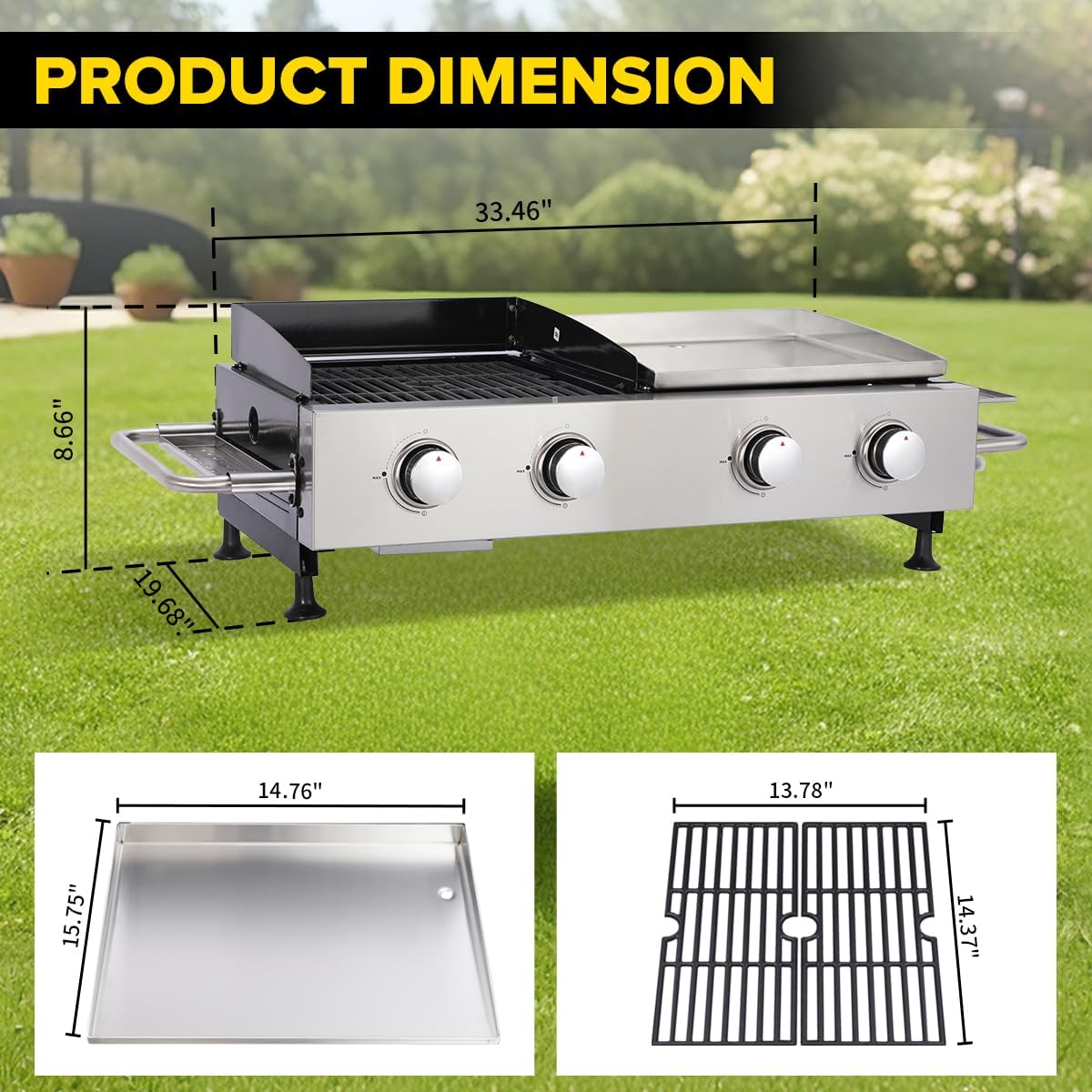 CIG GARDEN 2-Burner Propane Gas Grill & Plancha Combo, 38,200 BTU Outdoor BBQ with Cast Iron Grates - Portable Grill for Backyard, Balcony, Camping