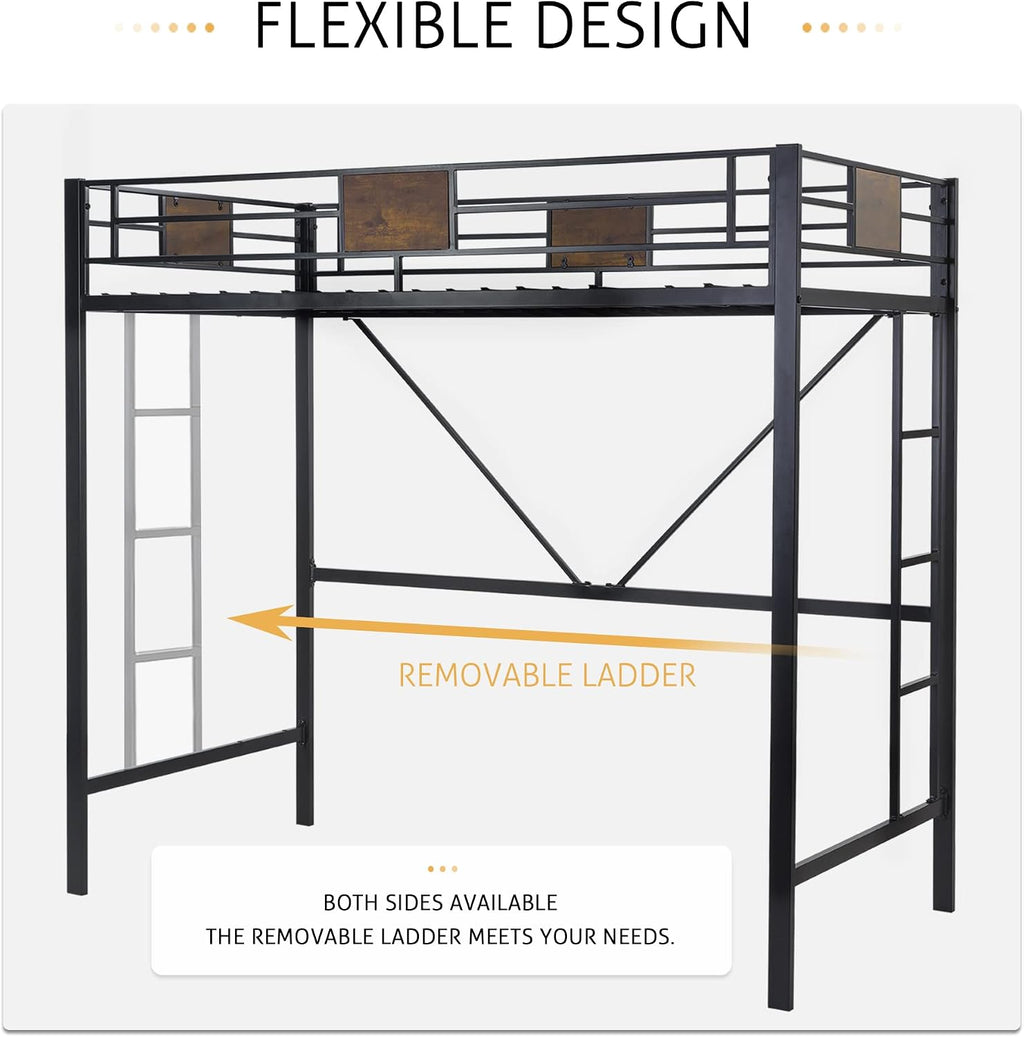 SHA CERLIN Loft Bed Twin Size with Ladder and Guardrail,Rustic Design,Metal Slats Support No Box Spring Needed Small Space Saving Furniture for Bedroom Dorm