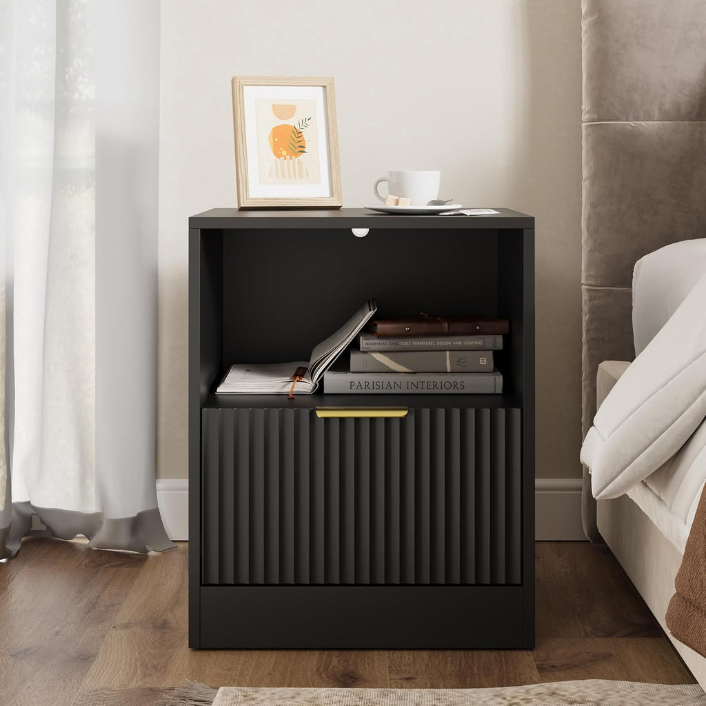 3-Piece Modern Bedroom Furniture Set, Wide 6-Drawer Dresser & 1-Drawer Nightstands Set of 2, Natural Wood Dresser and Nightstand Sets for Bedroom, Hallway, Black