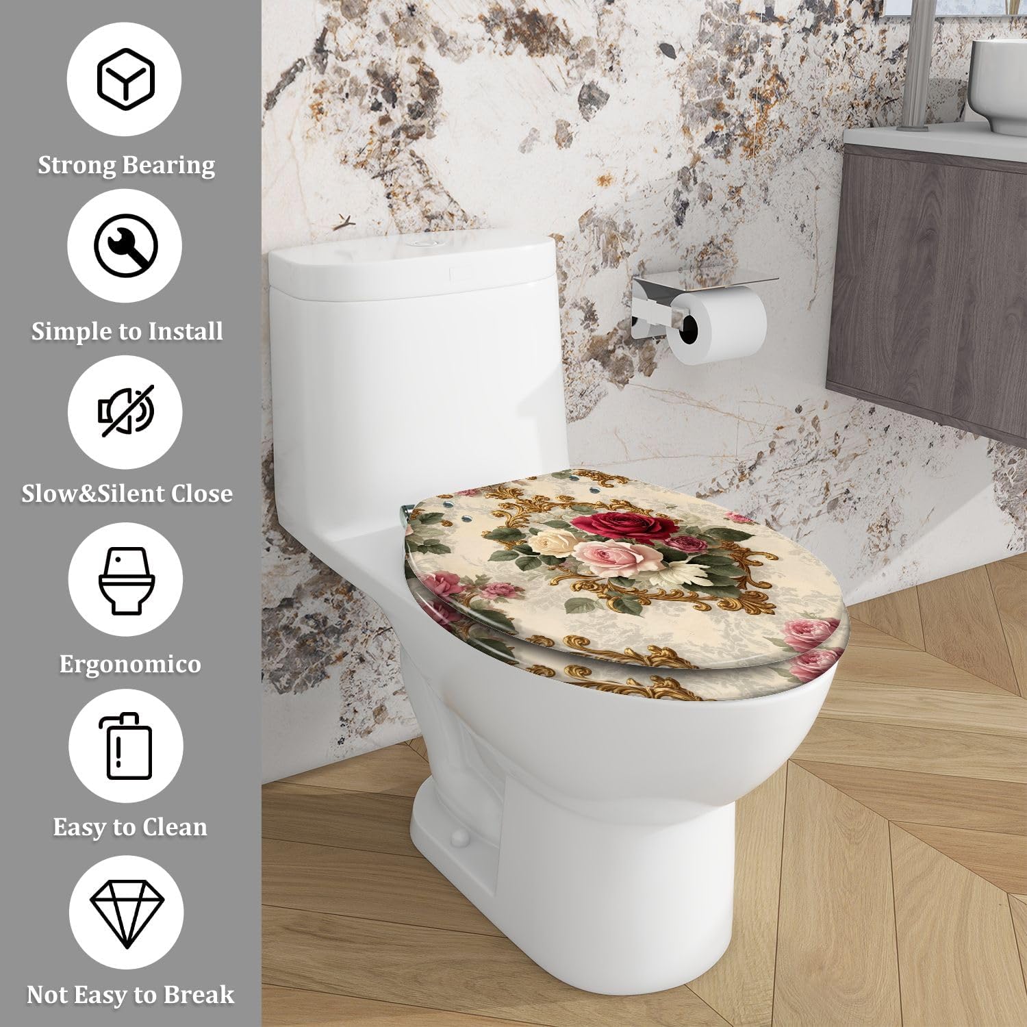 Elongated Toilet Seat Floral Roses Ornate Gold Soft Pink Victorian Vintage Baroque Resin Toilet Seat with Quietly Close Quick Release Hinges Decorative Toilet Seat with Cover Easy to Clean and Install