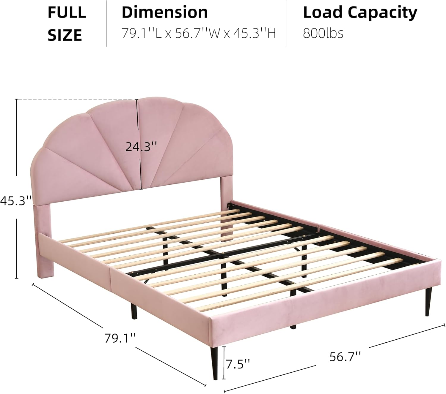 VELOCAVA Pink Bed Frame Full Size, Aesthetic Upholstered Bed with Unique Seashell Headboard, Soft Velvet Platform Bed, Strong Wooden Slats Support, No Box Spring Needed, Heavy Duty, Easy to Assemble