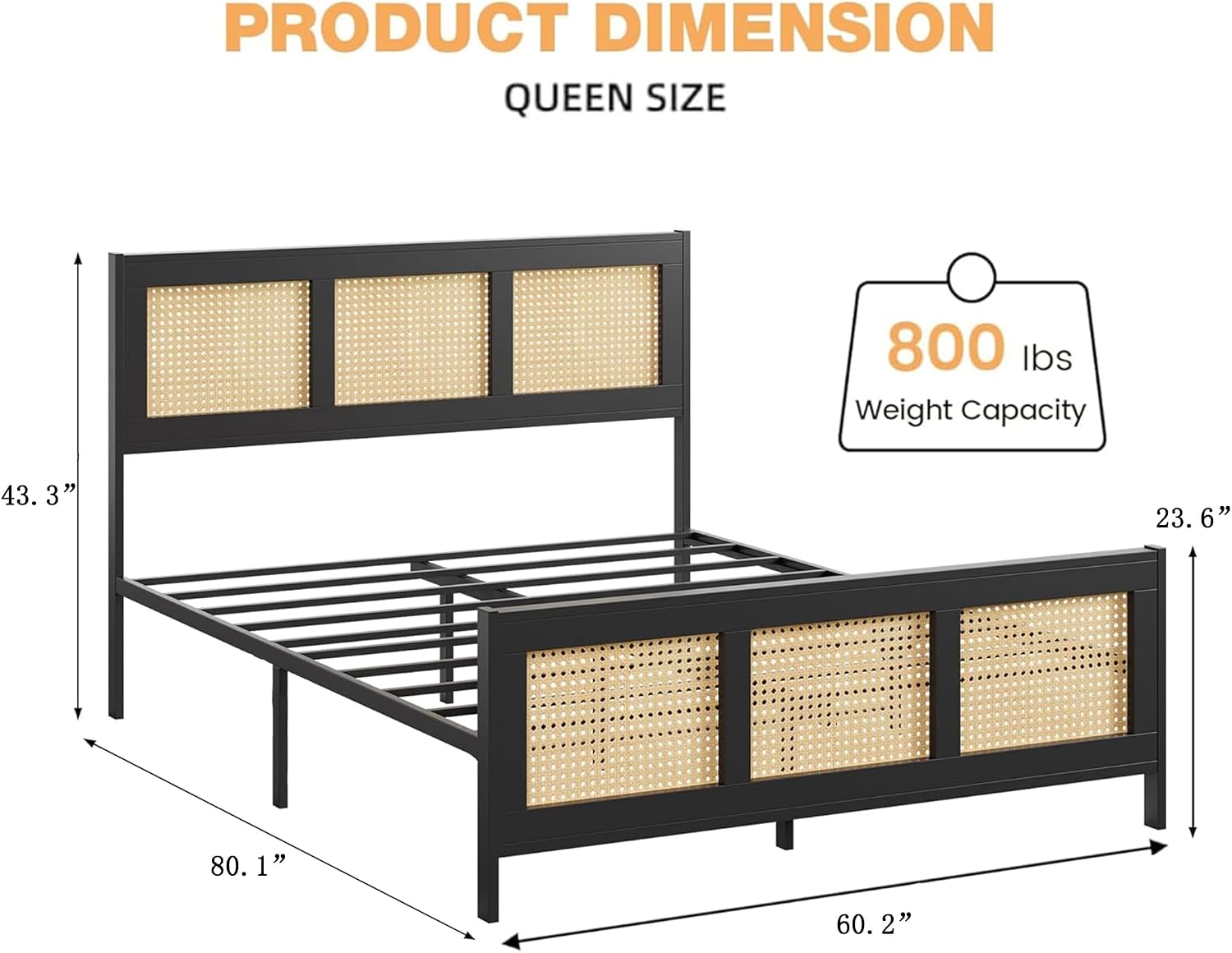 GarveeHome Queen Size Rattan Bed Frame with Headboard, Black Boho Cane Platform Bed Frame with Strong Metal Slat, Noise Free, No Box Spring Needed